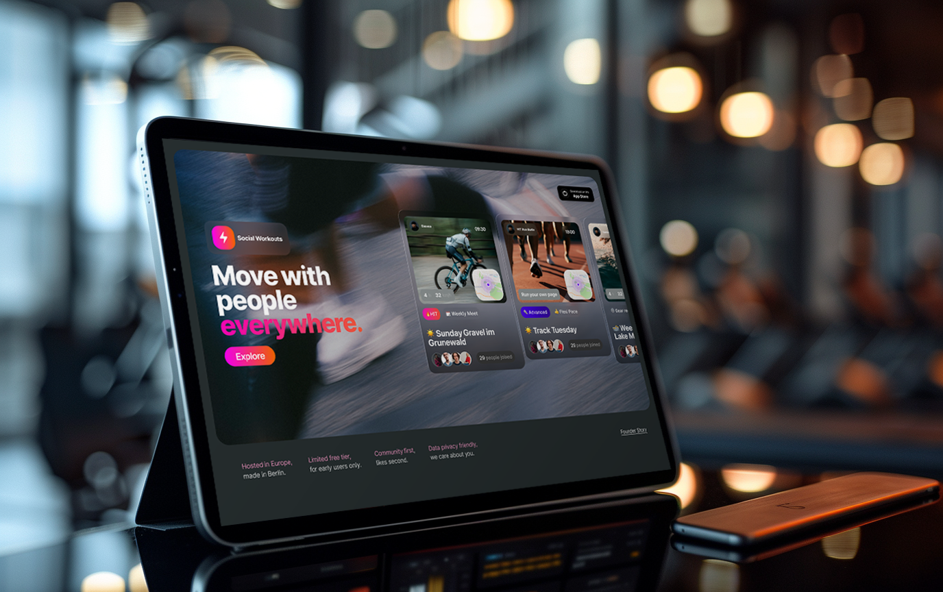 Social Workouts displayed on a tablet in a gym